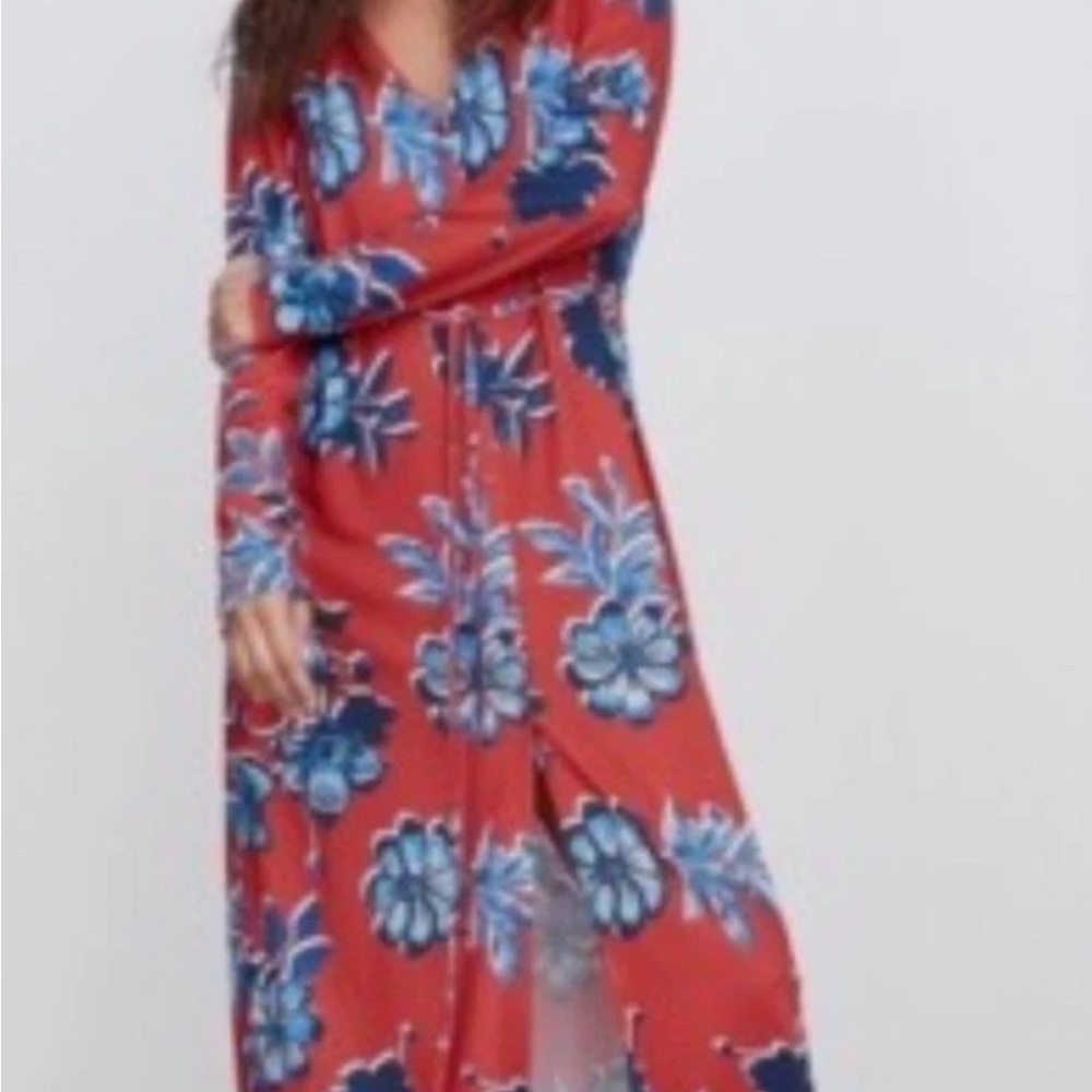 ZARA Floral Red and Blue Maxi Dress Small NWOT